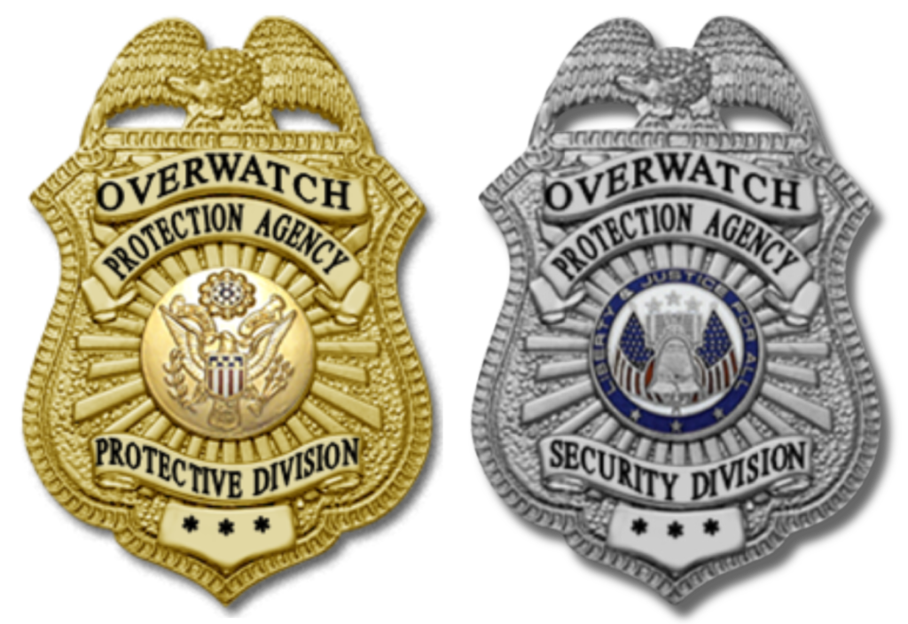 Two metallic badges of the Overwatch Protection Agency. On the left is a gold badge for the Protective Division, with an eagle and American flag shield emblem, surrounded by a laurel wreath and topped with "OVERWATCH." Below are three stars. The right badge is silver for the Security Division, mirroring the left's design but with the motto "Liberty Justice for All" at the bottom. Both have ornamental borders with wings and olive branches, signifying different roles within the agency